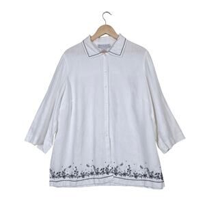 Maggie McNaughton Linen Top Jacket Shacket 1X White Embroidered Cottagecore